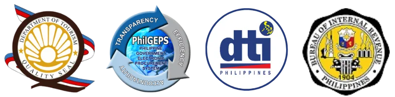 Department of Tourism Quality Seal, PhilGEPS, DTI and BIR logos